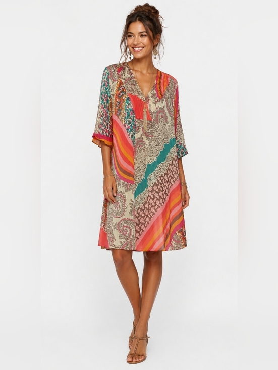 Vintage Dresses & Skirts - Vintage Y2K Silk Patchwork Cottage Dopamine Paisley Artisy Floral Rainbow Dress